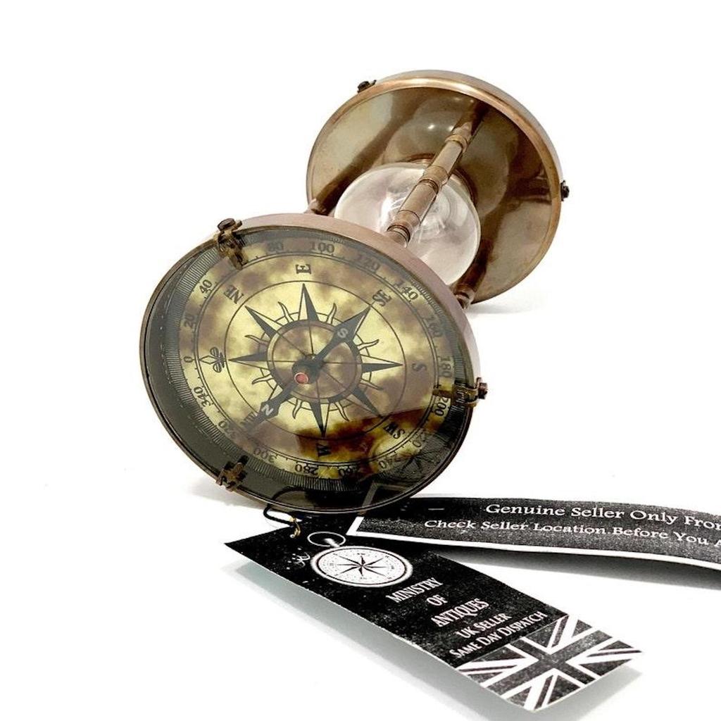 Vintage Nautical Brass Sand Timer Antique Maritime Hourglass with Double Side Compass Black Hourglass Solid Brass Sand Clock Decorative