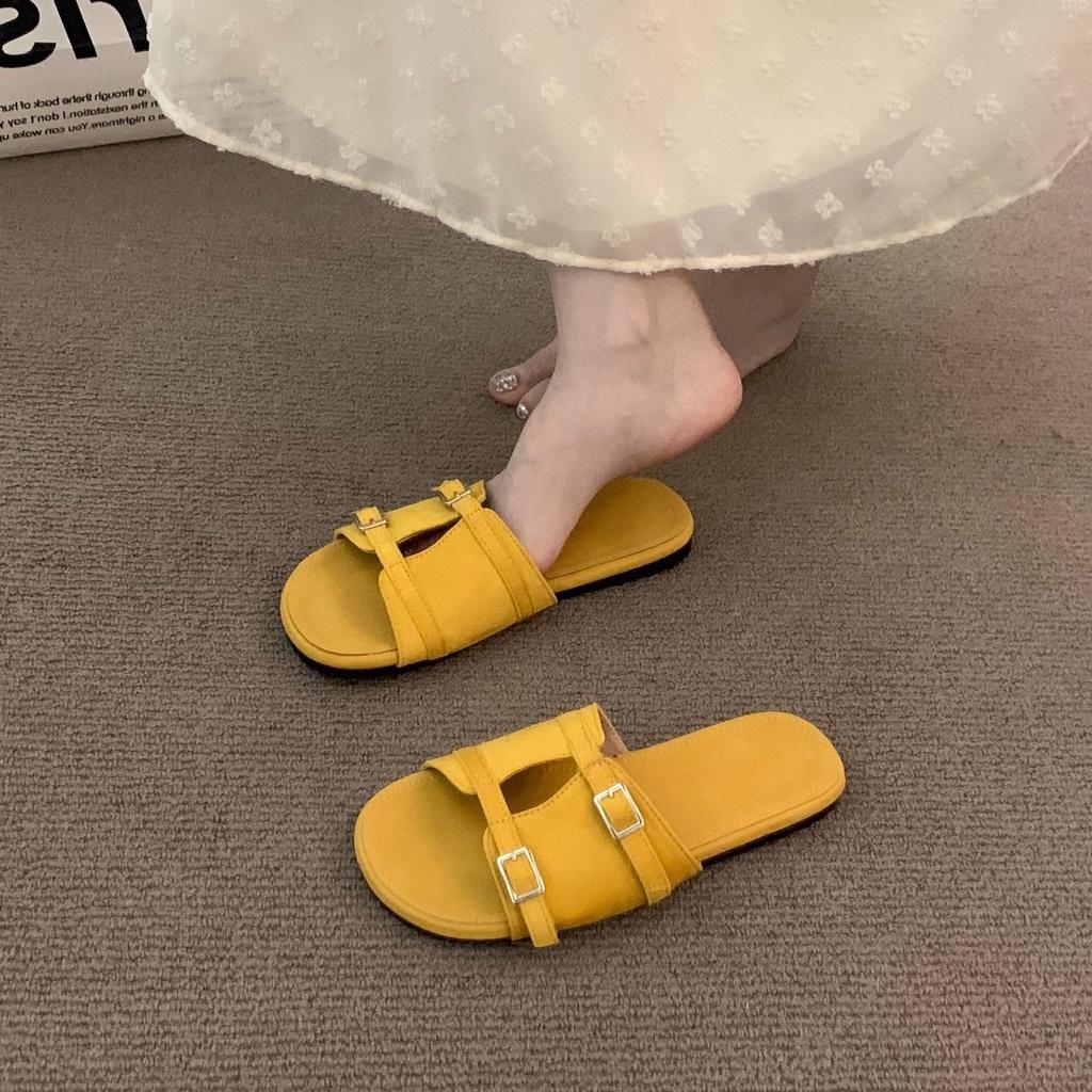 Retro braune Nischen-Abendsandalen Feenschuhe 2025 neue Sommer Flachboden-Urlaubs-Birkencool-Slipper