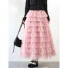 Qooth Sequin Tiered Cake Maxi Skirt for Women Fluffy Tulle Layered Full Flare Half Skirt with Sparkly Finish QT3003