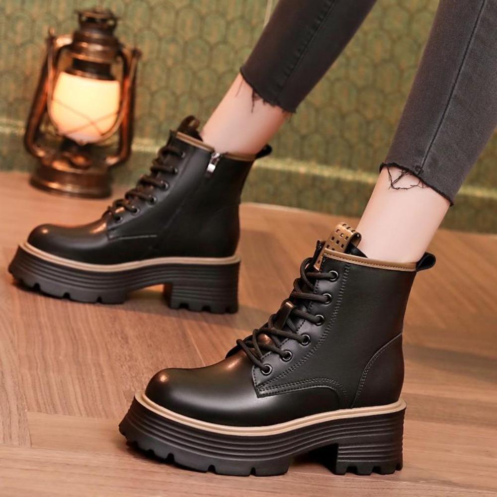 Women Shoes Boots Ankle  New Autumn British Wind Genuine Leather Thick With Fur Ladies Short Boots Motorcycle Heels Boots