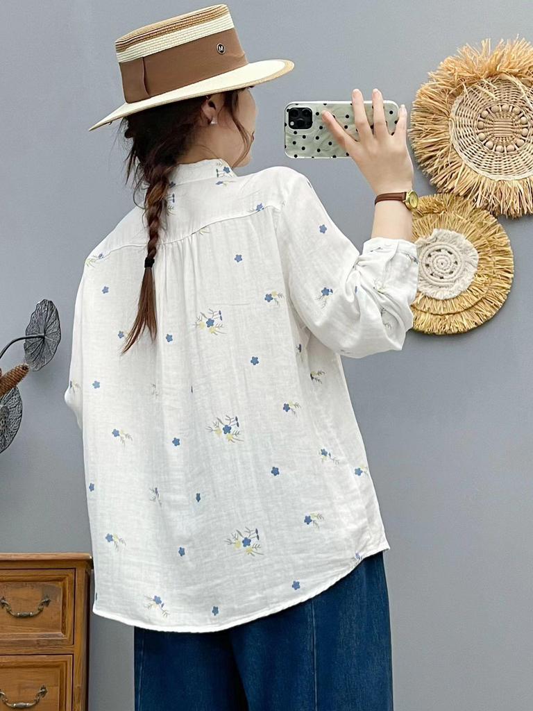 Women's Floral Print Double-Layer Cotton Gauze Long Sleeve Plus Size Shirt: Stylish, Age-Reducing, Loose Fit for Spring and Autumn