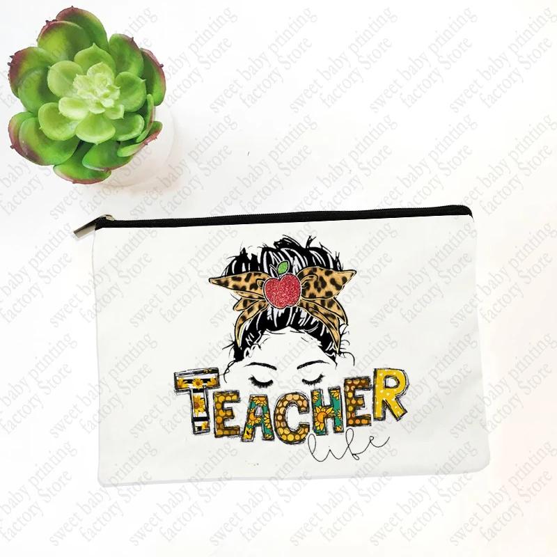 Teach Love Inspire Teacher Makeup Cosmetic Bags  Back To School Gift Beauty Cases Pencil Pouch Organizer Storage Box Mini Purse