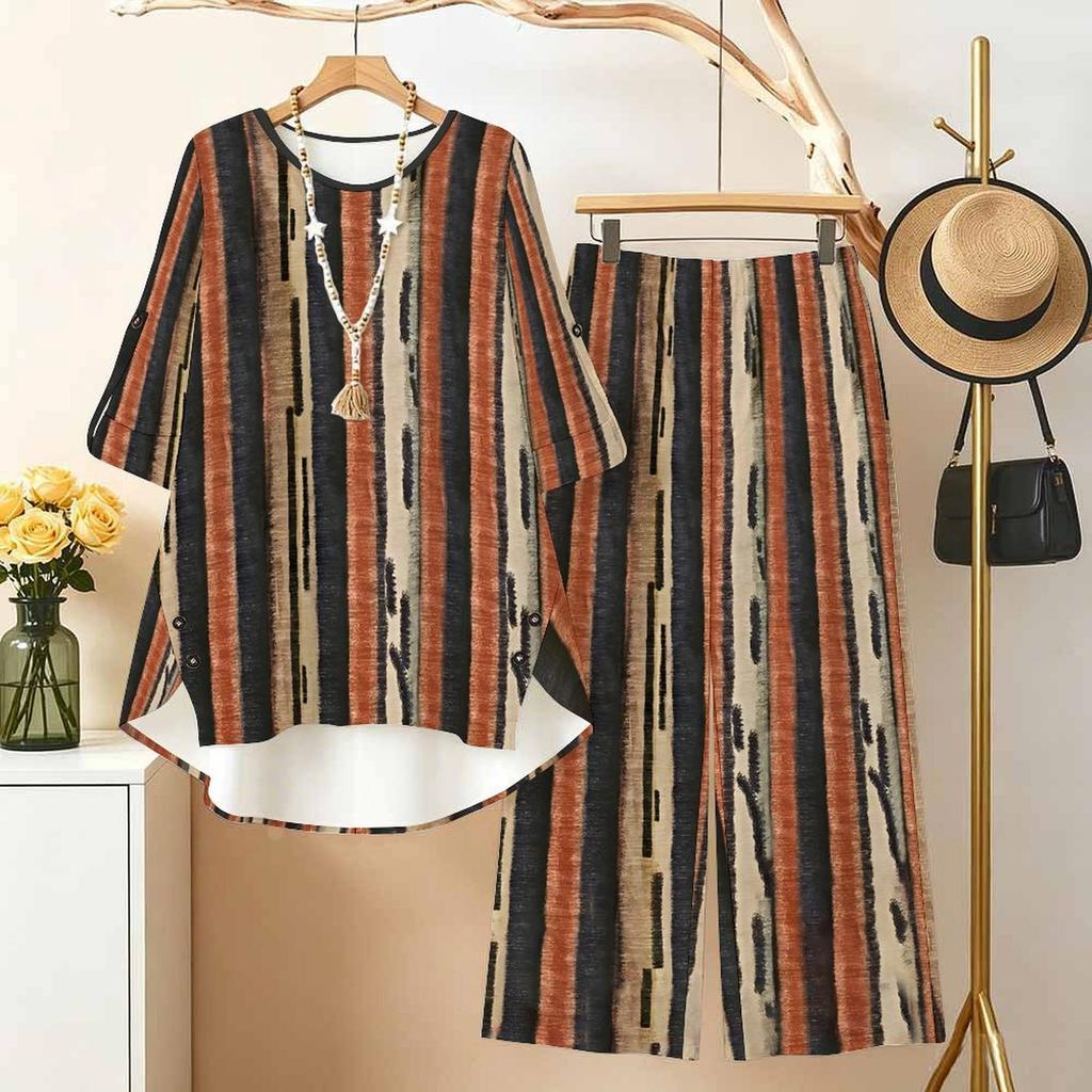 Women's 2‑Piece Outfit, Geometric Plaid 3/4 Sleeve Irregular Hem Top & Wide Leg Pants Set, Casual Loose Matching Suit