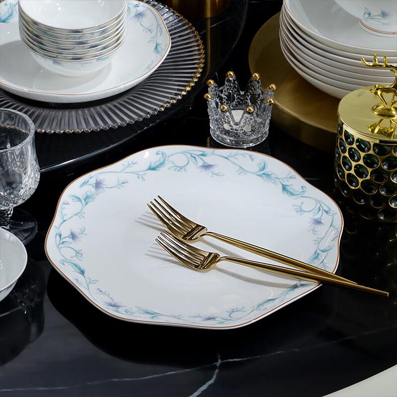 TangHui 50-Piece Chinese Light Luxury Bone China Dinnerware Set - Emerald Vine