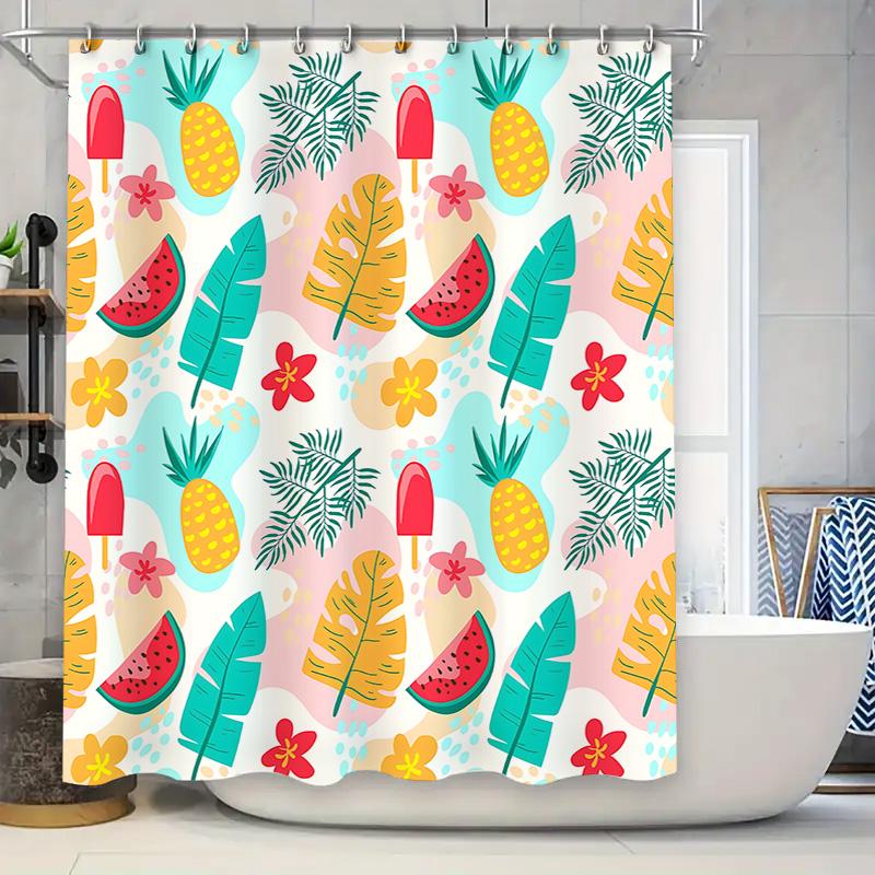 

Colorful Tropical Shower Curtain With Pineapples Ice Creams And Watermelons For Home Bathroom Decor Waterproof Durable W60H190(CM)-1 Pcs