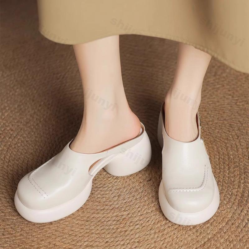Fashion 2025 Summer Thick Soled Cool Half Dragging Women's Outdoor Beach Coarse Heel Fashion Elegant Buckle Designed Comfortable Sandals