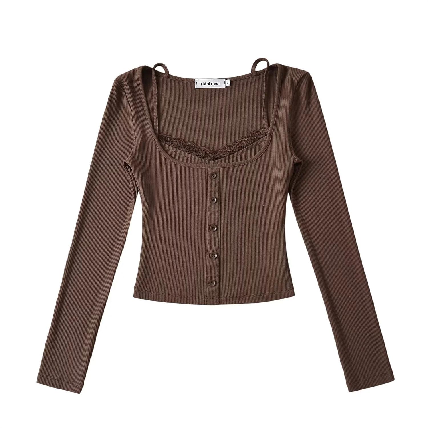 

Chic Autumn Lace Patchwork Two-Piece Long Sleeve Base Shirt for Women Large коричневий