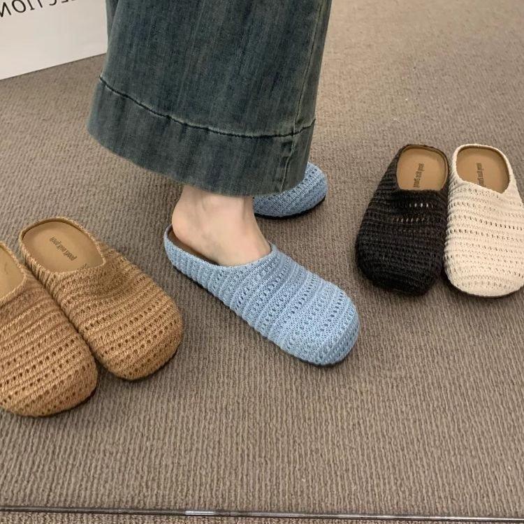 Niche retro woven baotou half slippers outer wear summer new lazy soft-soled muller shoes