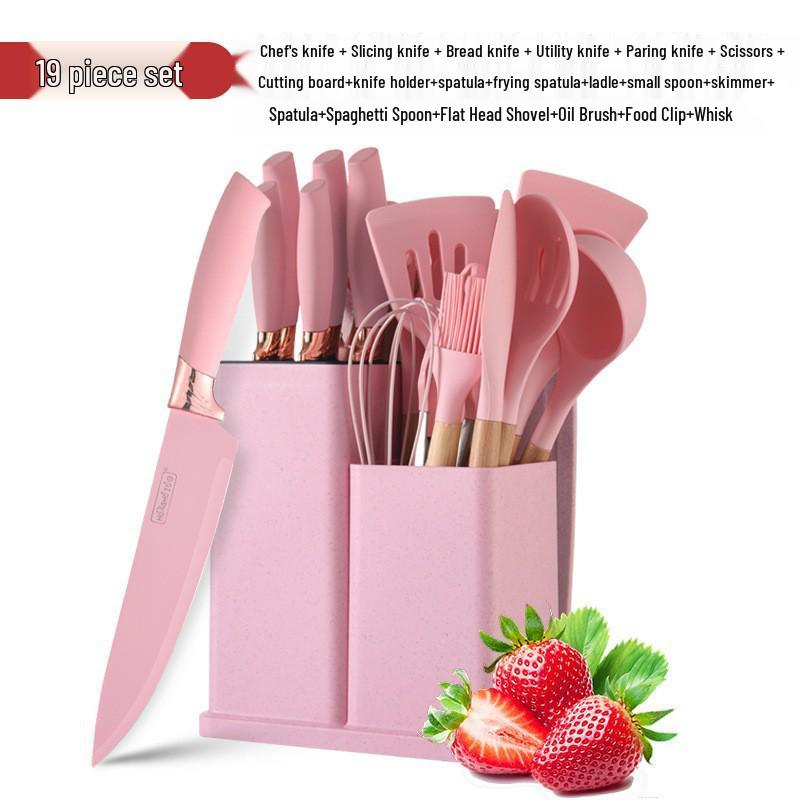 19-Piece Silicone Kitchen Knife Set with Holder: Chef Knife, Cooking Spoon, Shovel, and Household Cutlery.