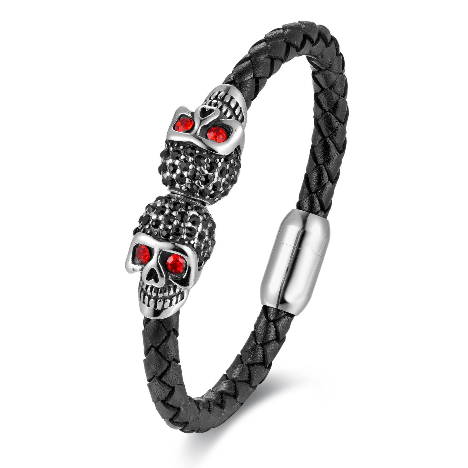 Top Layer Cowhide Woven Leather Bracelet for Men Stainless Steel Skull Genuine Leather Punk Fashion Wrap Bracelets Circumference 19cm