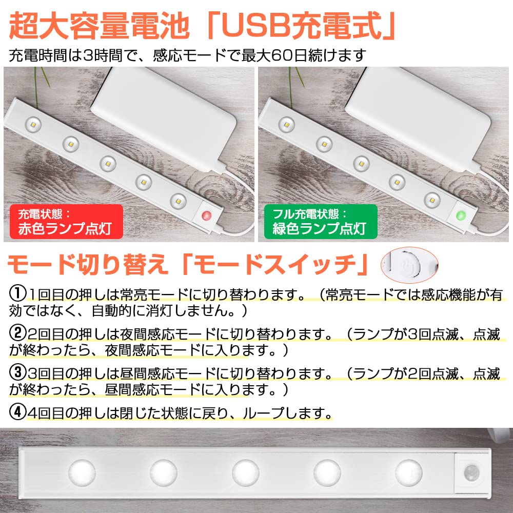 HAIKUSOUBI Motion Sensor Light, Ambient Light, Kitchen Light, LED Light, 80cm, Indoor, Bar Light, Light Sensor, USB Rechargeable, Three Color