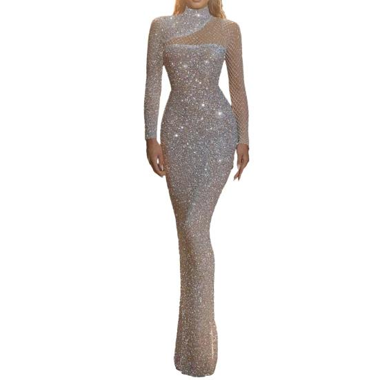 

Женское сексуальное платье с пайетками, блестящее, с высоким воротником, длиной до пола, выпускное платье, облегающее, с длинным рукавом, с вырезами, вечернее платье XL