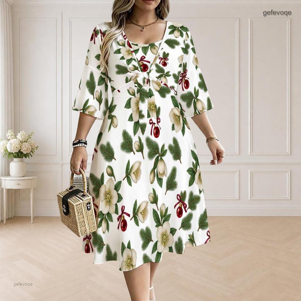 Women Plus Size Two Piece Midi Dress Set V Neck Half Sleeve Christmas Print White