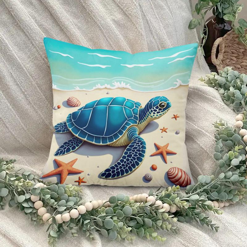 1Pc Sea Turtle Beach Starfish Print Throw Pillow Cover,Suitable For Sofa,Bedroom,Living Room,A Fresh Gift For Ocean Lovers