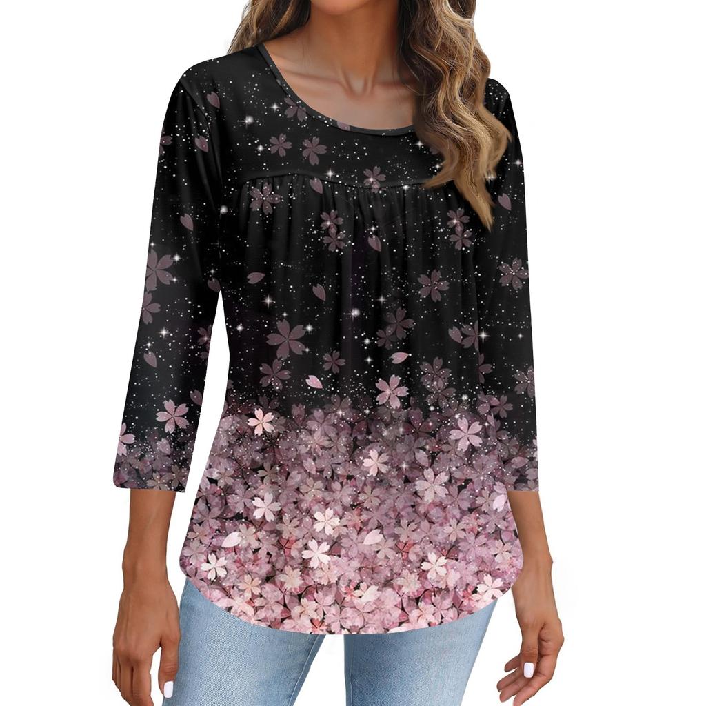 Women's Fashion Casual Three-quarter Sleeve Printing Round Neck Top