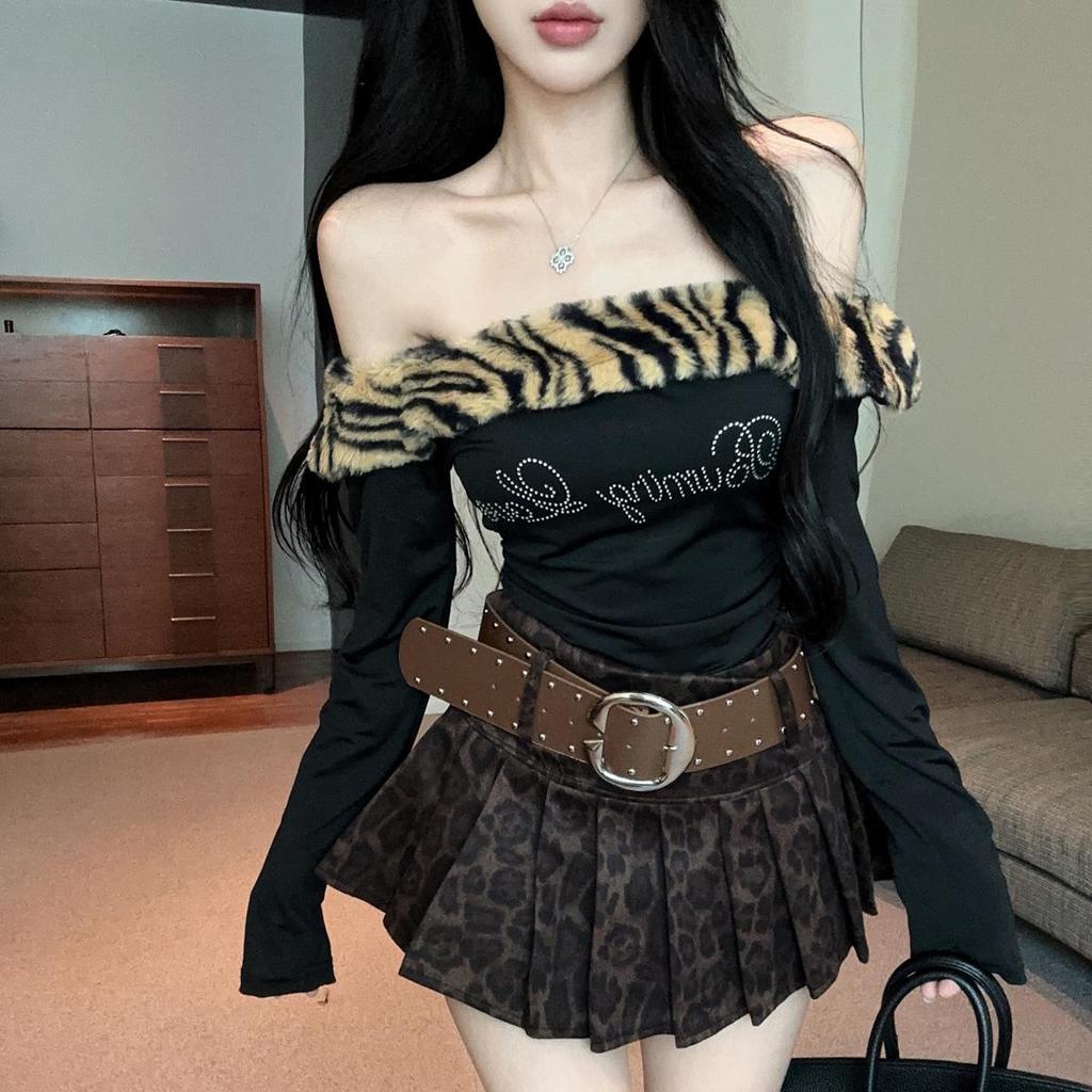 American Leopard Print Coffee Pleated Skirt: Spicy Girl Casual, Y2K Style for Autumn 2025