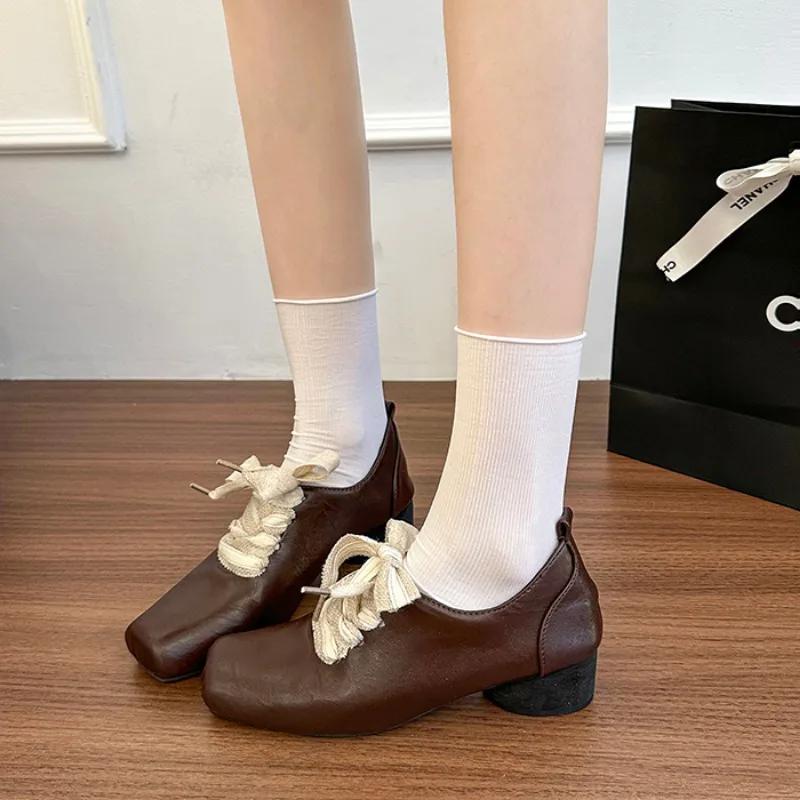 Women's Shoes 2025 New Autumn Versatile Fashion Square Toe Mid Heel Women's High Heels Lace Up Outdoor High Quality Shoes Ladies