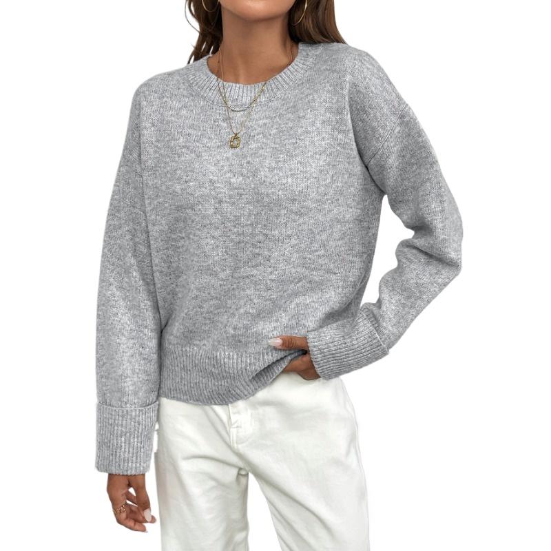 Осень и Зима Новая Мода Женский Свитер Свободного Покроя Круглый Вырез Однотонный Трикотажный Топ XL серый