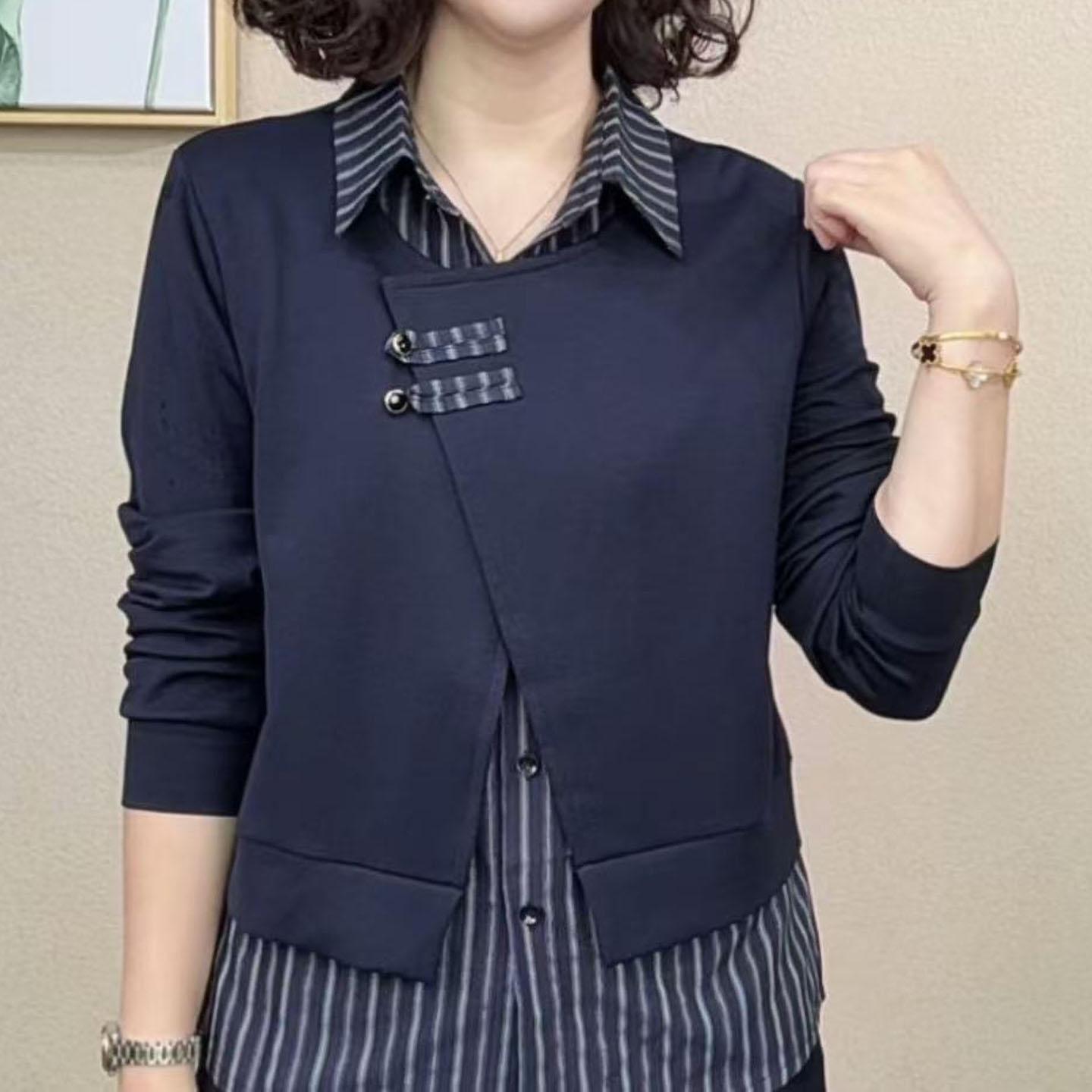 

2025 Autumn Elegant Lapel Women s Patchwork Slimming Two-Piece Long Sleeve Shirt 4XL (140-150 jin) темно-синий