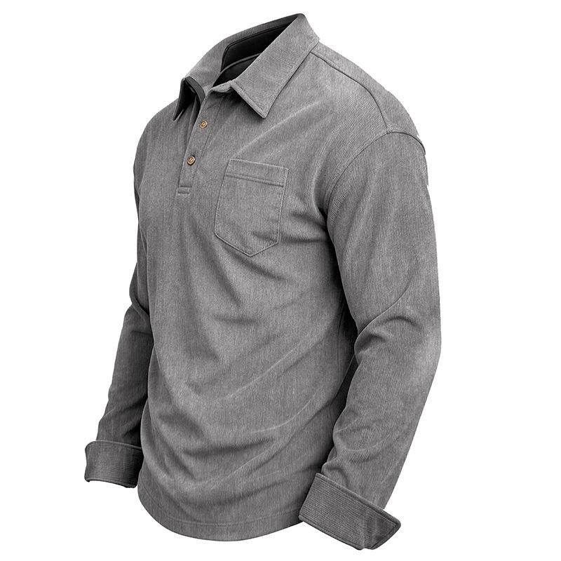 Mens Long Sleeve Corduroy Polo Shirt Casual Autumn Top