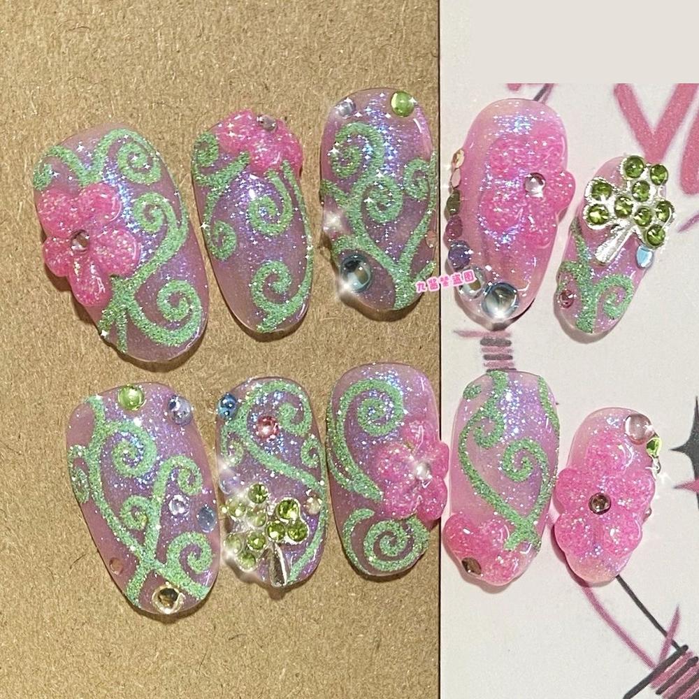 Kawaii Handmade Square Press On Nails Art Party Stickers Cute Flower Panda Bear Animal Custom Acrylic Fake Nails