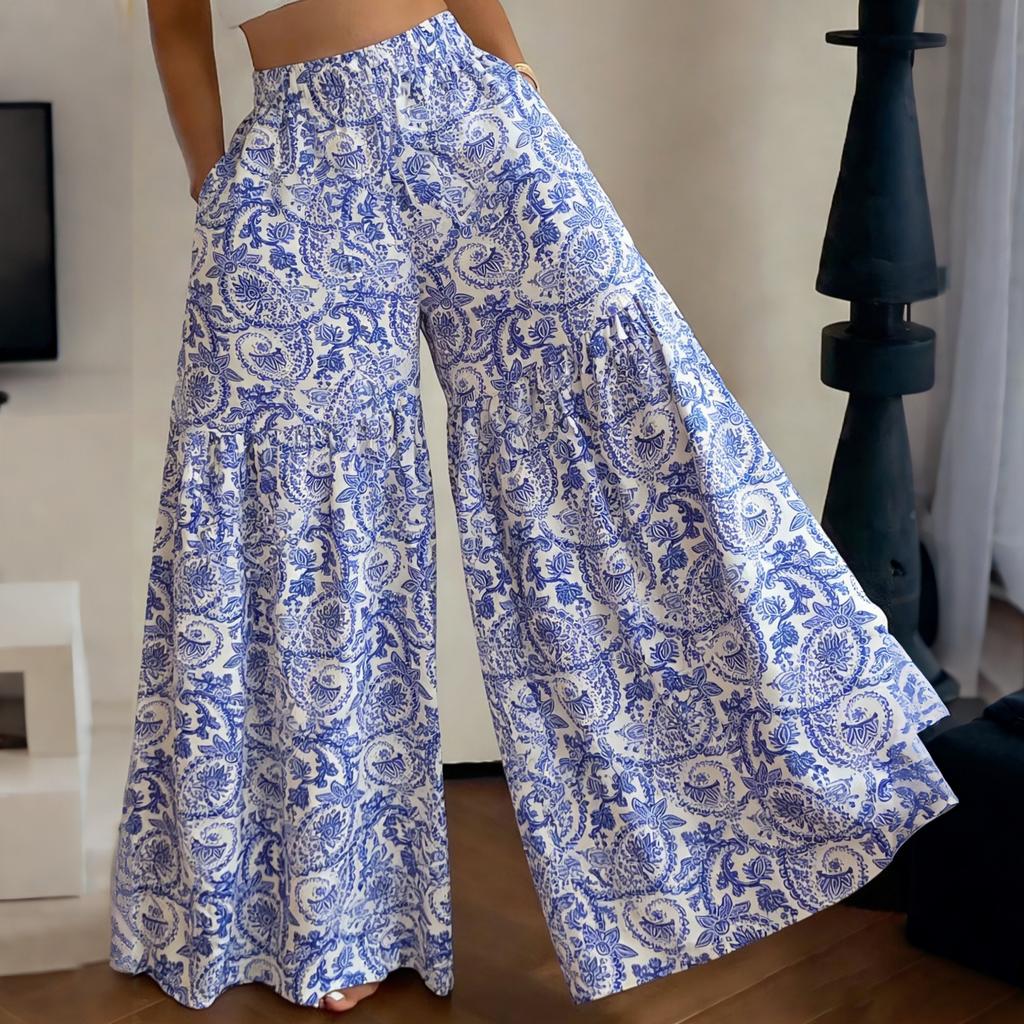 Women's High Waist Wide Leg Pants Loose Fit Lightweight Floral Print Casual Palazzo Trousers with Elastic Waistband and Side Pockets