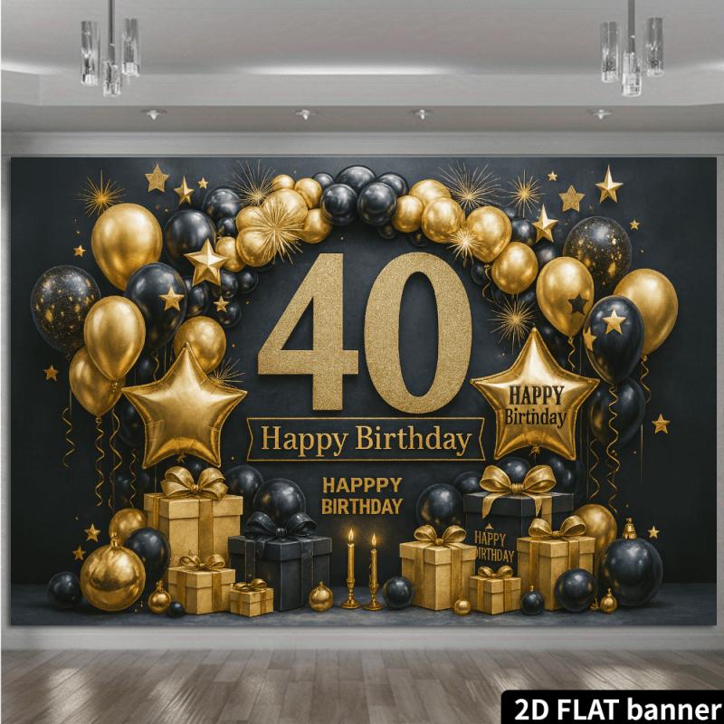 2D-Ebene Premium Schwarz und Gold 40. Geburtstag Hintergrundbanner mit glänzenden goldenen Zahlen + Geburtstagsdekorationen