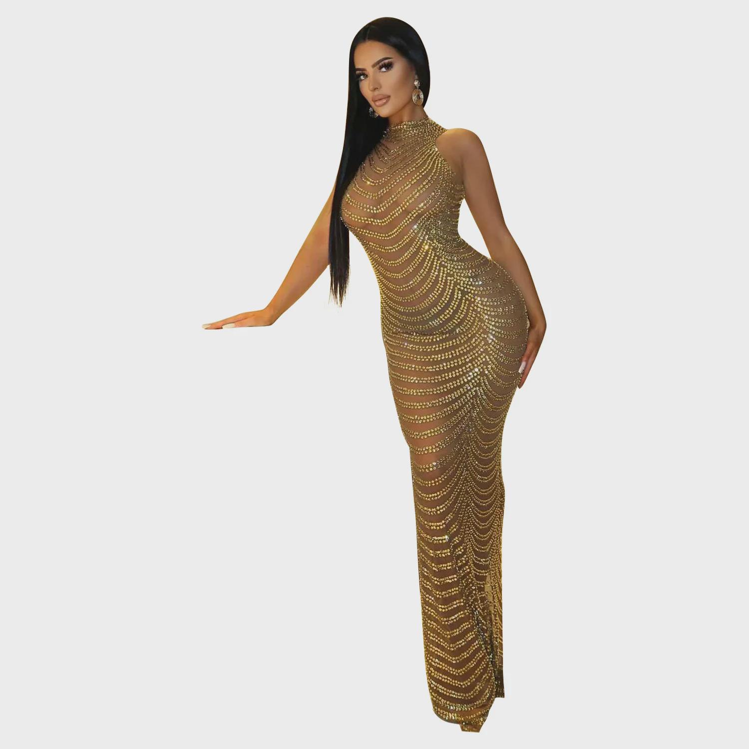 

OS6777 Жіноча сексуальна сітчаста клубна сукня з блискітками - Європейський та американський стиль Large золотий