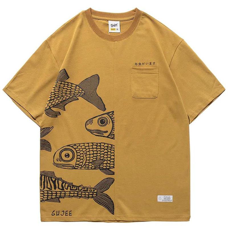 Japanese Cotton T-shirts Mackerel Print Patchwork Tees Summer Oversized O-neck Short Sleeve Casual Shirts Men Clothing