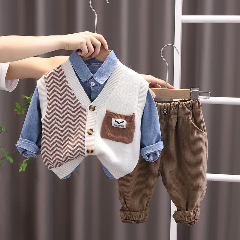 Höst Boutique Barnkläder Baby Pojkkläder Stickad Ärmlös Väst + Denimskjortor + Byxor 3 st Pojkoutfitset