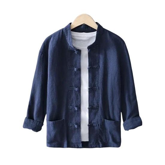 

Мужская рубашка в китайском стиле, однотонная, с застежкой на пуговицах, однобортная, с воротником-стойкой, средней длины, с длинными рукавами, свободный кардиган, топ, костюм ханьфу M темно-синий