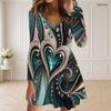 Women Plus Size V Neck Long Sleeve Printed Black Green Gold Curved Hem Dress