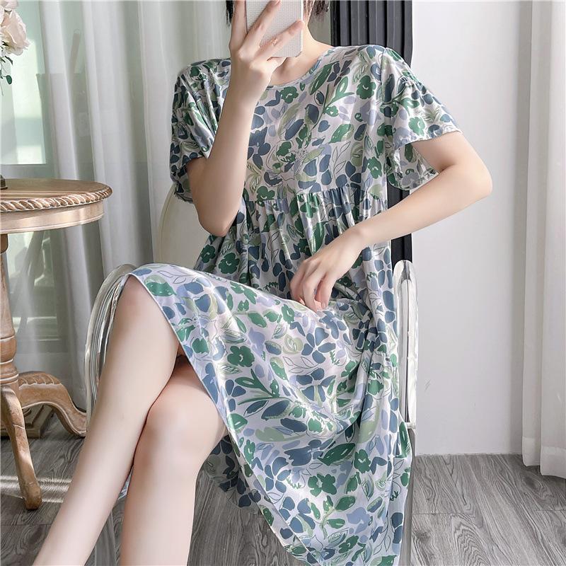 Cotton and silk nightgown women's summer thin short-sleeved cartoon printed pajamas can be worn outside long large size loose knee pajamas