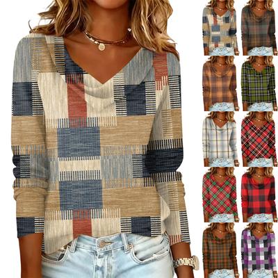 Ladies' Plaid Printed Casual and Fashionable Long Sleeved Pullover Top