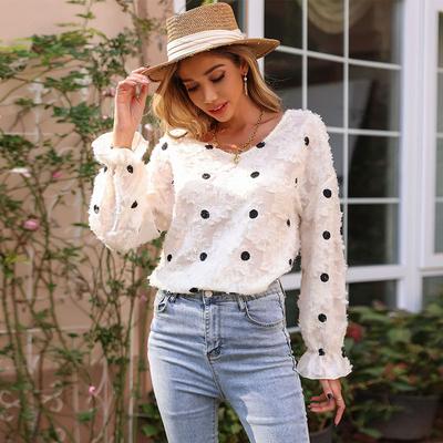 Fashionable and Casual Temperament Spring Women's Tops Long Sleeve V-Neck Polka Dot White Shirt