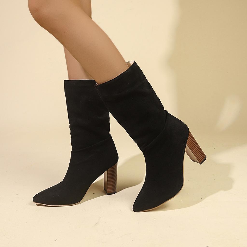 Fashion Shoes Female 2024 High Quality Slip on Women Boots Fashion Pleated Office and Career Sexy Pointed Toe Plus Size Mid Calf Boots