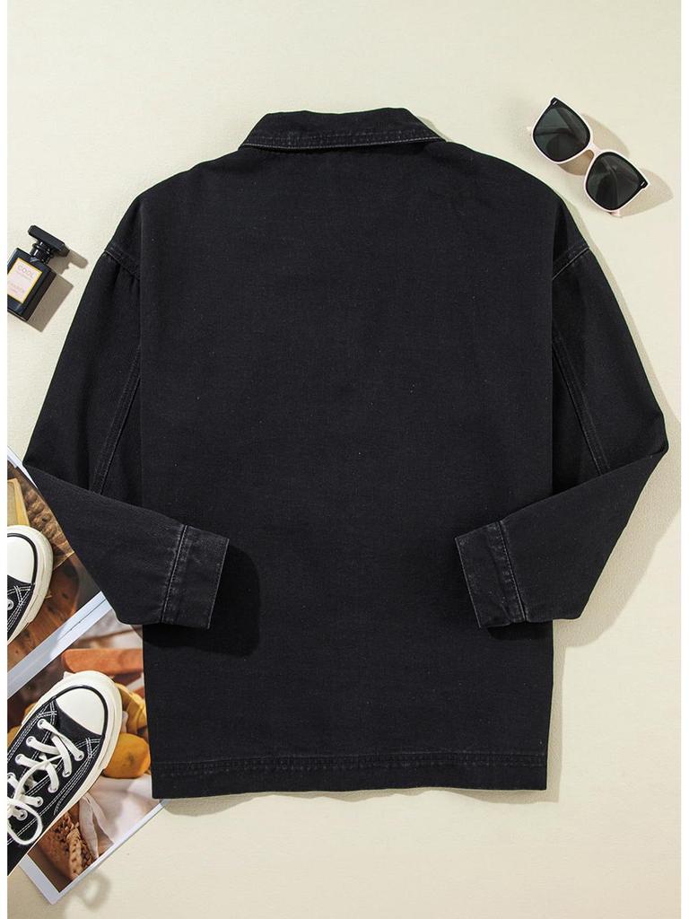 European & American Style Women's Denim Jacket with Large Pockets and Button Long Sleeves