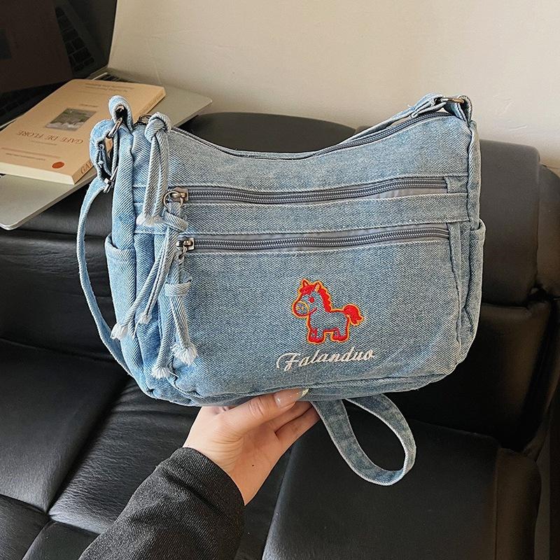 Cute Horse Embroidered Denim Crossbody Bag Multi Pocket Casual Shoulder Bag for Women