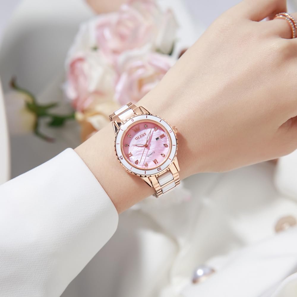 OLEVS Ladies' Wristwatch Rose Gold Ceramic Band Quartz Date Display Water-Resistant Pink Mother-of-Pearl Dial Bracelet Gift