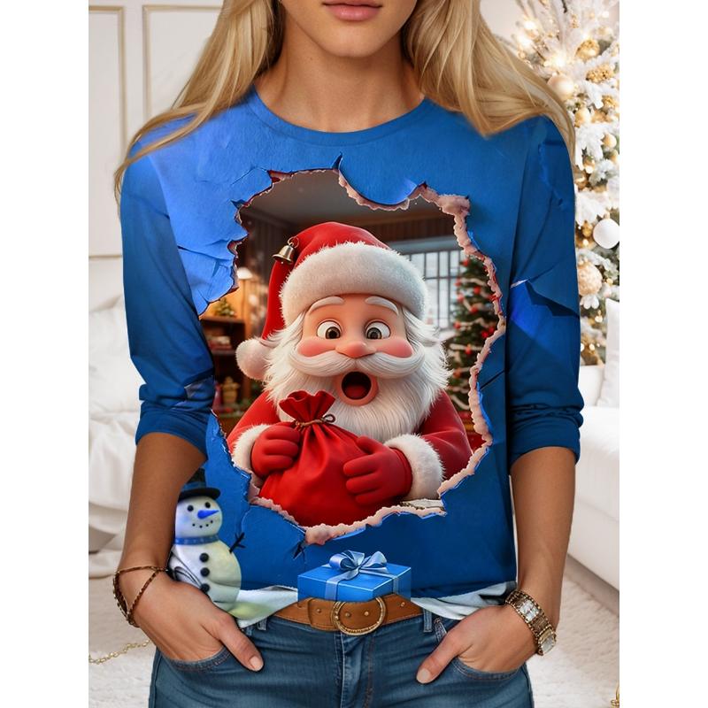Christmas Women's T Shirt Graphic Santa Claus Vintage Fashion Stylish Long Sleeve Crew Neck Round Neck Regular Tops Daily Weekend Print Red