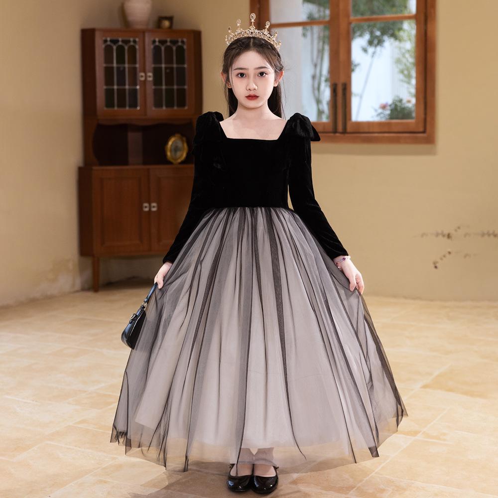 Girls' Black Mesh Formal Choir Dress - Elegant Autumn Performance Costume for Piano & Violin