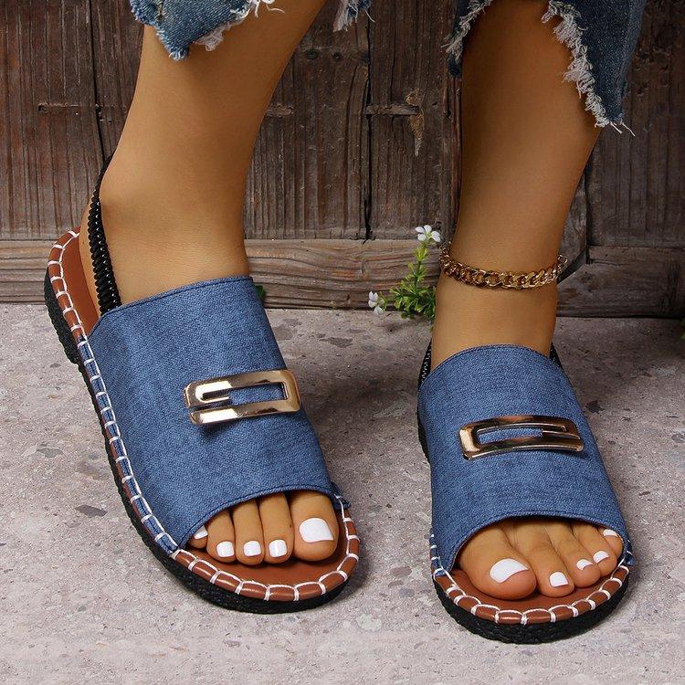 Large size one-word with round head European and American style sandals, new flat-bottomed metal buckle beach women's shoes
