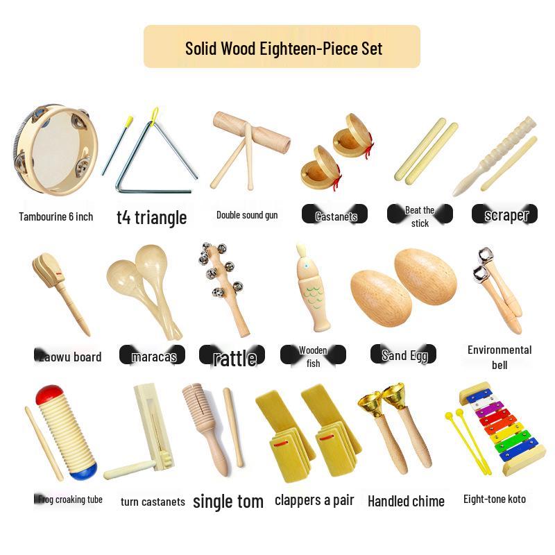 Children's Orff Percussion Instruments: Triangle, Castanets, Maracas, Tambourine, Wood Block, Cymbals