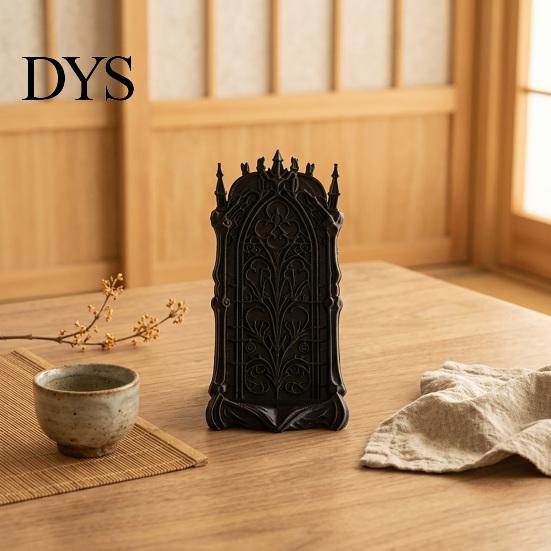Matte Black Relief Art Ornament 3D Printed Gothic Rose Phone Stand, Vintage Church Carved Desktop Stable Triangular Tablet Stand Holder, Dark