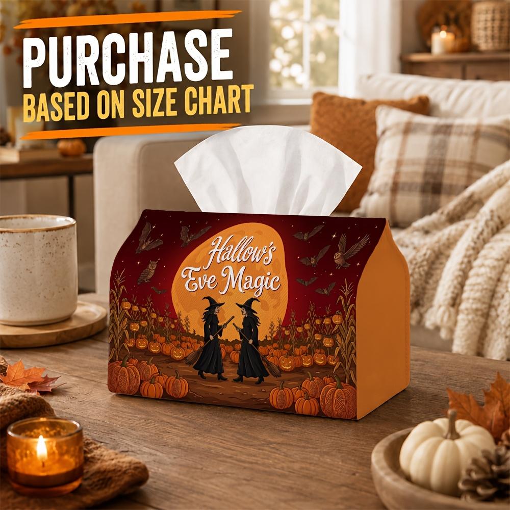 1pc Mystical Spooky Halloween Tissue Box - Halloween Pumpkin Napkin Dispenser, 2 Sizes Thick Polyester with Witch Silhouette Pumpkin Moon, Ideal Spook
