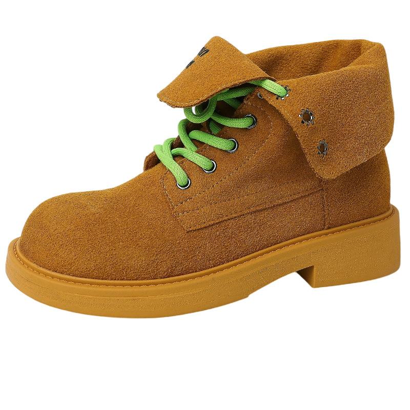 2025 autumn and winter new fashion retro British style folding contrasting color thick heel Martin boots women's casual tooling boots short boots