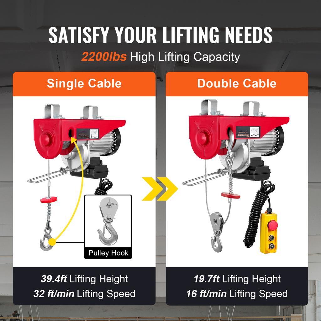 SucceBuy 550-2200 Lbs Wired Electric Hoist Steel Wire Winch with 40ft Single Cable Lifting Height for Garage Warehouse Factory