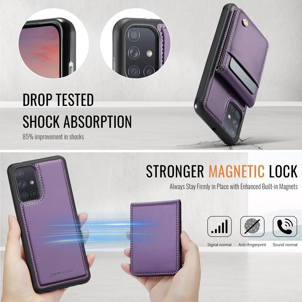 For Samsung Galaxy A51 4G SM-A515 Leather Back Cover Compatible with MagSafe JEEHOOD J06 Phone Case with Card Bag RFID Blocking