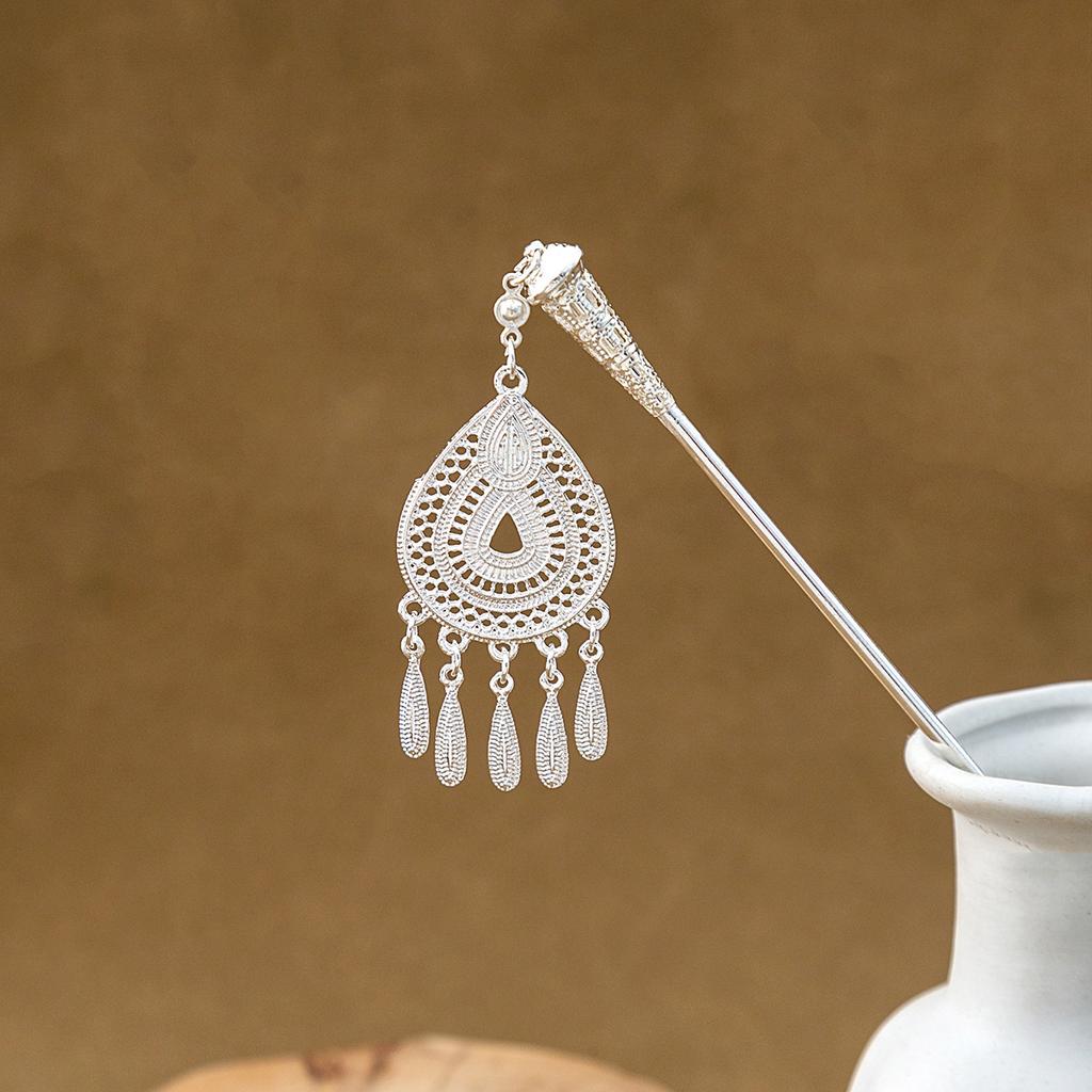 New Chinese-style Geometric Hollowed-out Fringed Hairpin, Water-drop-shaped Drooping Hairpin for Hanfu Updo Accessories, for Women