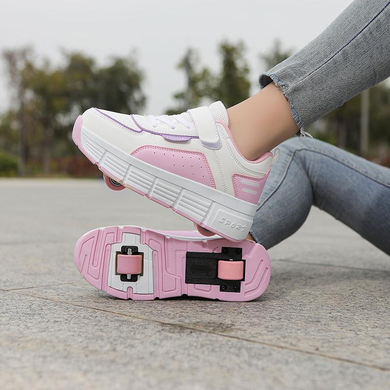 TUINANLE Small Four-wheel Walking Shoes Pink Teenager Sport Shoe Girls Kids Unisex Two Wheel Pulley Walking Shoes
